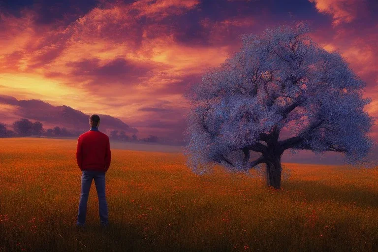 One Oak tree,on a valley,blue deep sky, Colourful meadow,and a man in red staring at the sunset,details,texture,8k quality, 100 meters snapshot, Expressionism