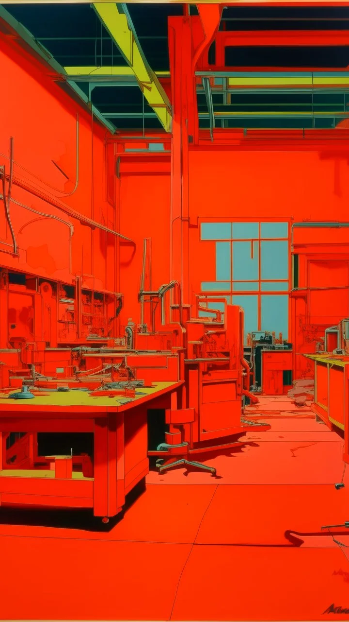 A salmon orange colored mechanical workshop painted by Andy Warhol