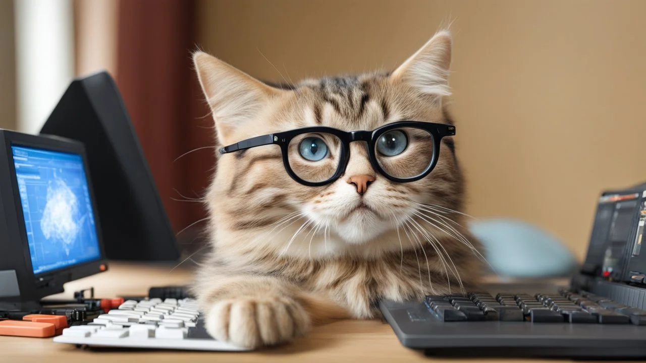 very clever cat with glasses playing computer games