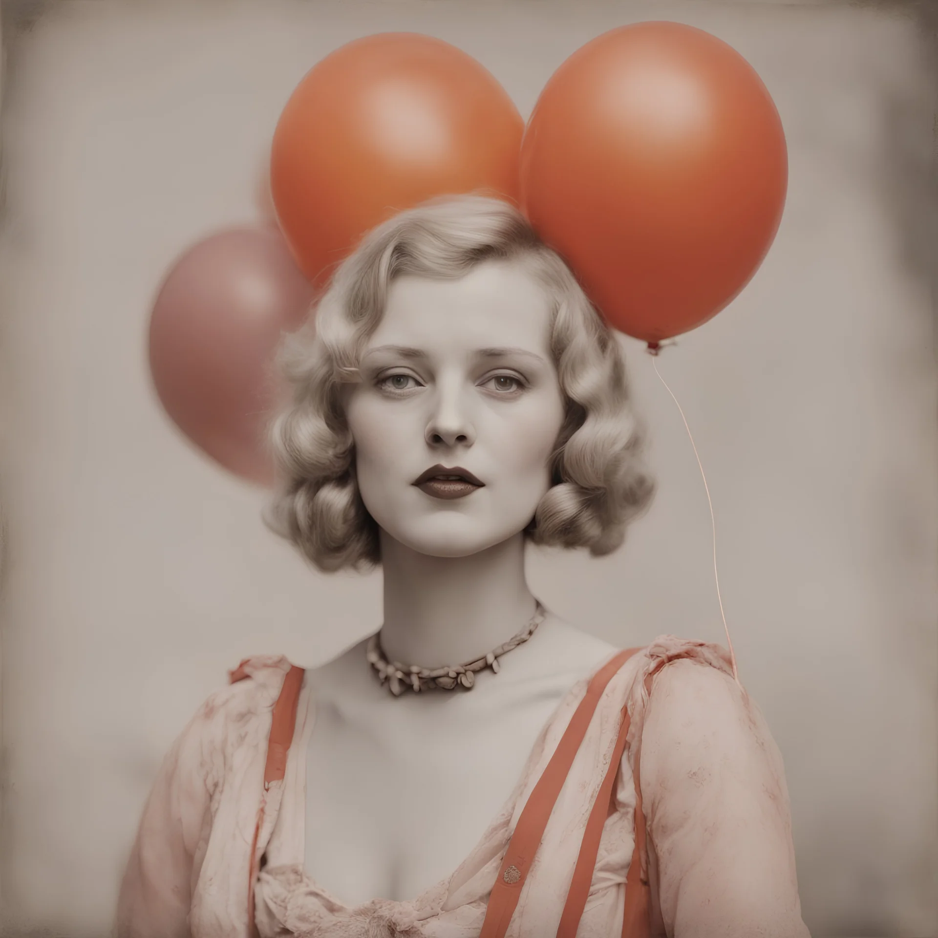 A blond woman with freckles, with a balloon at the circus, 1920s, red, orange, pink