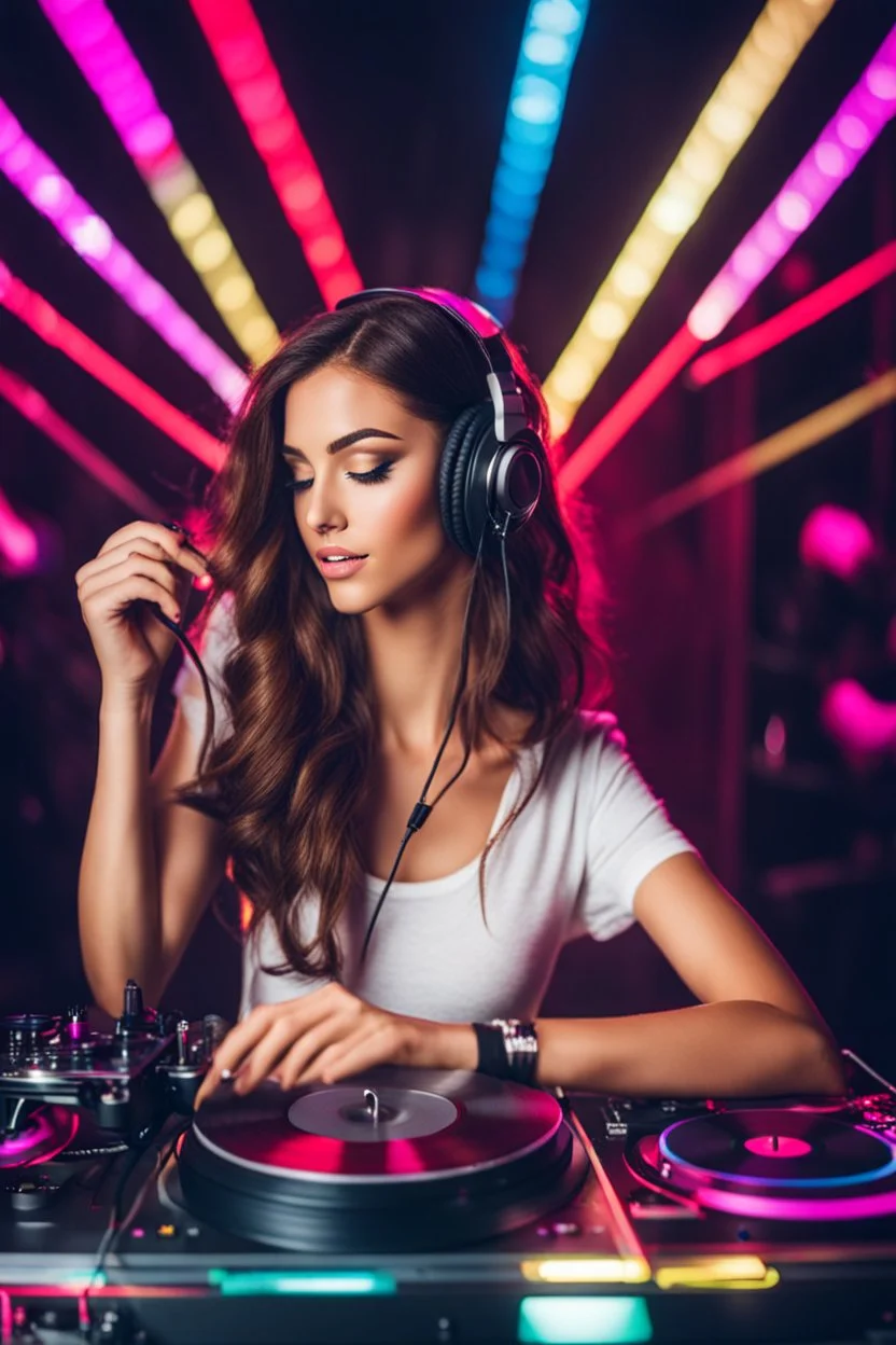 Photography super model pretty girl with headphones playing music on a turntable, dj rave party disco club