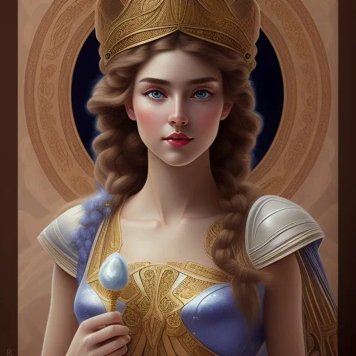 Disney Portrait of Greek Mythology Goddess Athena " with white elegant old greek apparel and Laurel crown.extremely detailed face, ,perfectly centered image,intricate detail.dark hair, sharp dark eyes, bright blue lighting, sarcastic smile, sharp focus hair. alphonse mucha style