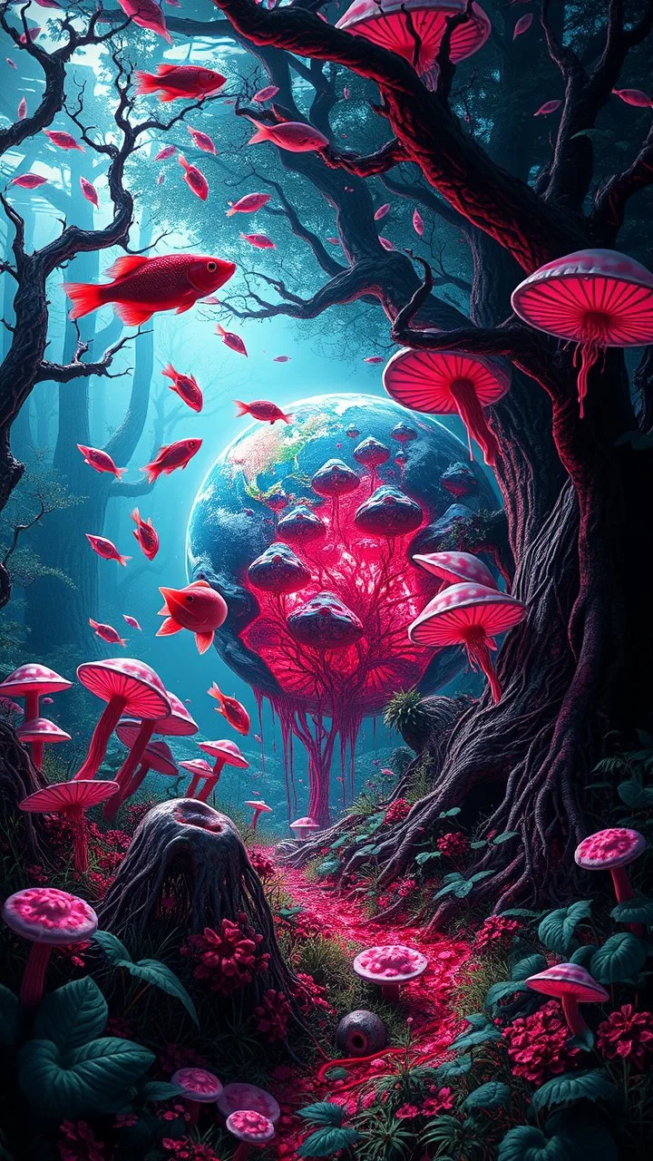Quintessential Horror Surrealism:A cyber-a planet Earth catastrophic dimensional fission through See dream 3D recursive rendering, under water , fracturing into chaos Legion Doodle simultaneous nightmare realities while simultaneously occupying four perforated reality levels—manifests as a blood-drenched forest where fish weep crimson sap and bioluminescent fungi pulse with recursive Fibonacci patterns, surrounded by carnivorous grass with fanged mouths dripping neon venom; mat
