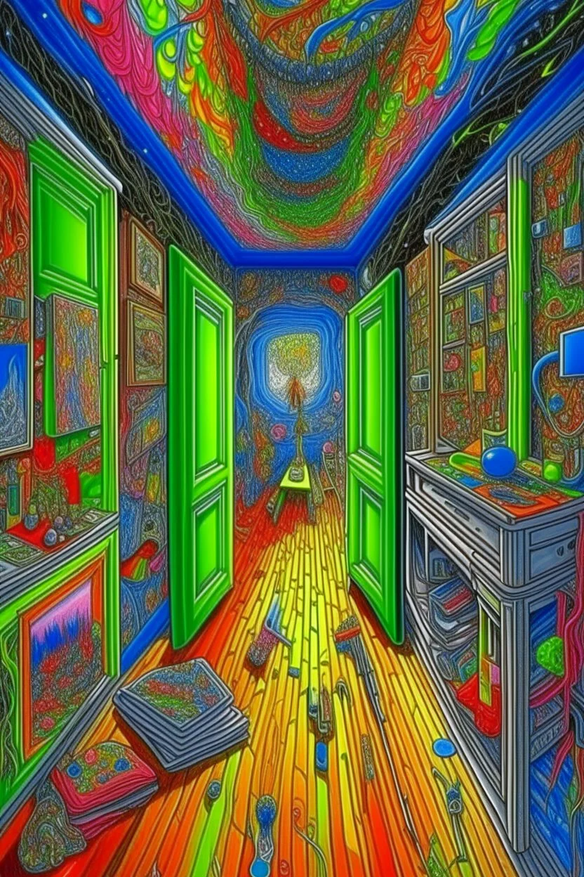 in a room with many doors and corridors and mirrors on a psycodelic acid trip heading out of the 5th dimension into space time where all material is warping seeing strange every day household items melting with the speed of light