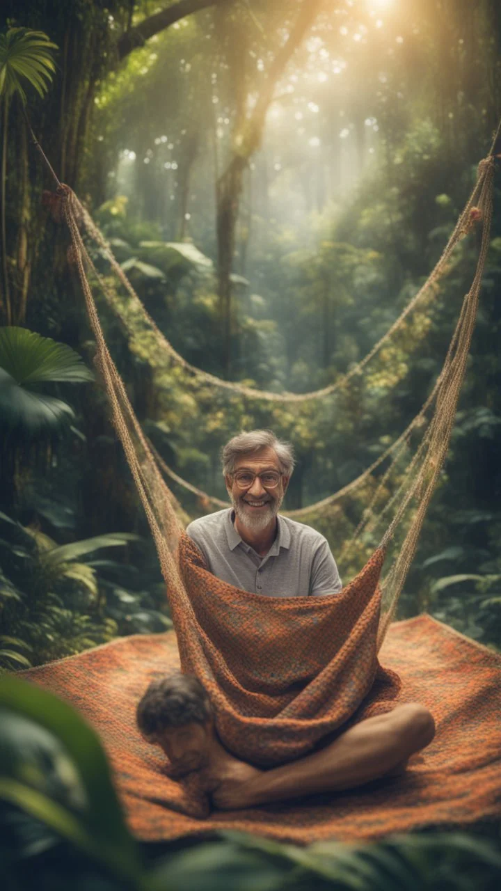 portrait of a happy blissed professor woven into a sacred geometry knitted tapestry hammock over a tiger in the middle of lush magic jungle forest, bokeh like f/0.8, tilt-shift lens 8k, high detail, smooth render, down-light, unreal engine, prize winning