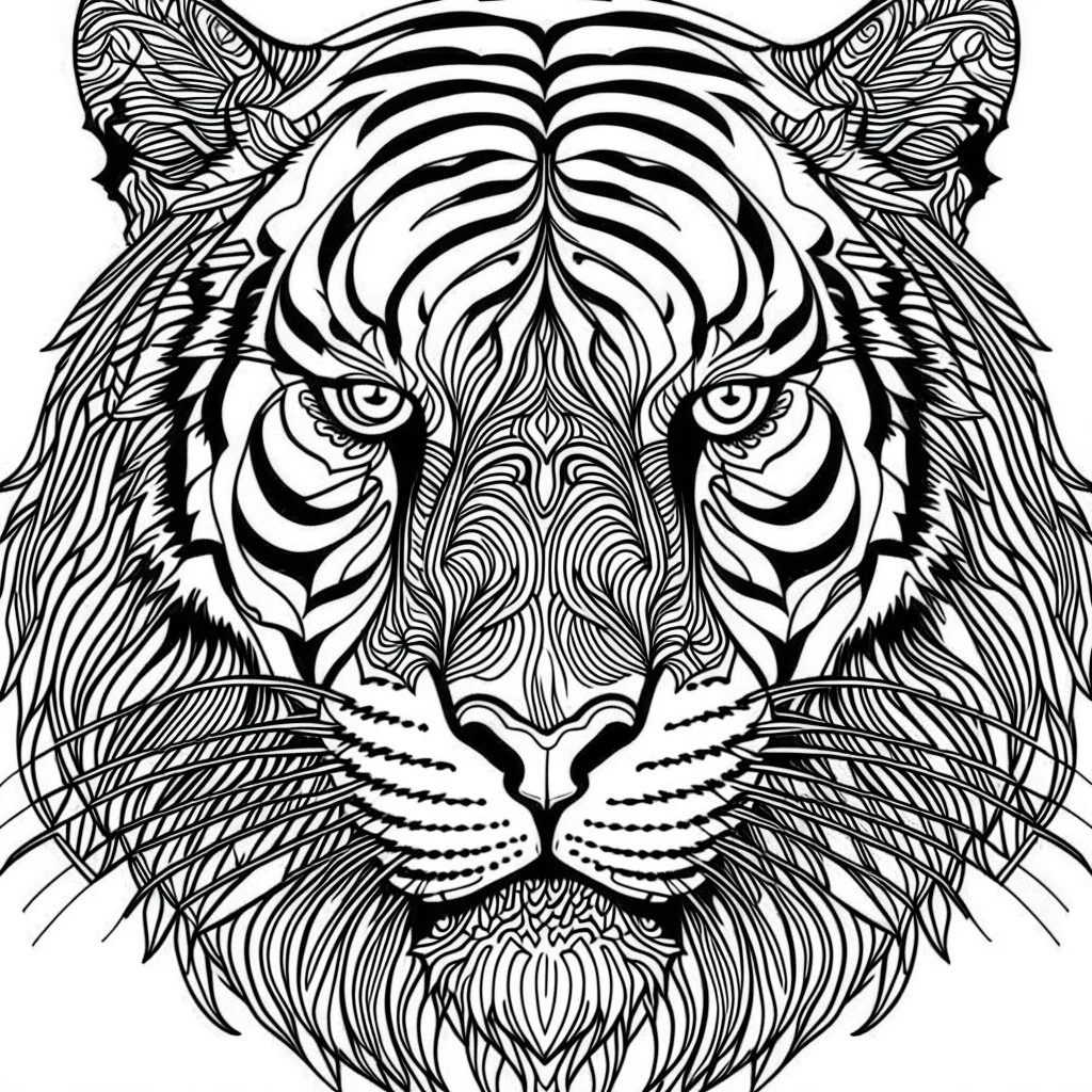 Tiger front face view, cartoon, mandala, white back ground color, real style, realistic, minimalistic, minimal black line art, line art, crisp line art, unique coloring sheet, outlined, outline, crisp, crisp line edges, illustration, thin lines, crisp clear lines, line art, clean line art, unique, 8k, amazing, masterpiece, no colors, no dark color, no black color, avoid thick black, minimalistic line edges, pure white back ground, image character full fit to page,