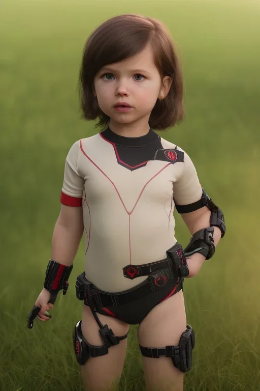 Black widow toddler, serious, full body, bokeh, hyper realistic