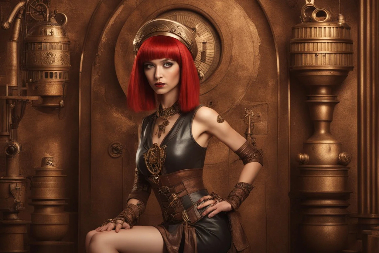 full body shot of a skinny Cleopatra, with a bob red hairstyle, standing in a steampunk setting.