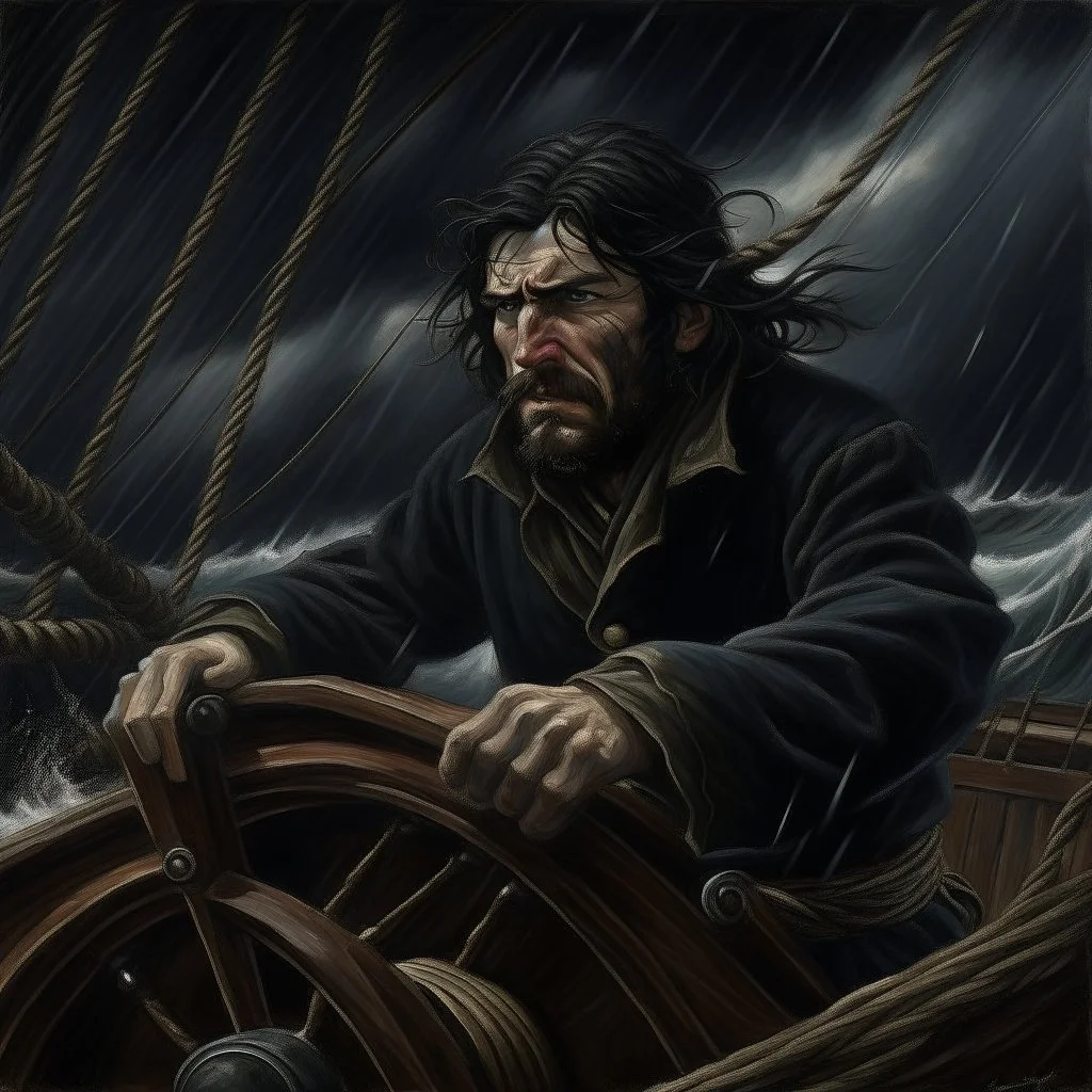 The large angry black haired "Boatsman" at the ships helm on a stormy sea realistic grimdark