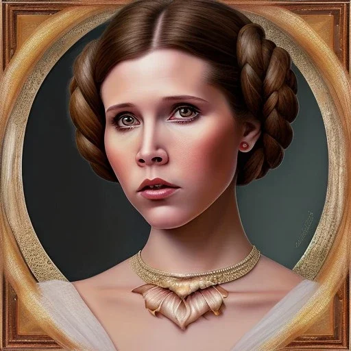 square framed complete and ultra realistic detailed head to waist stunning photo realistic portrait of young carrie fisher as Princess Leia with photo realistic hairstyle by Mandy Jurgens and mucha and Richard Schmid and chuck close and chie yoshii, extraordinary and detailed ceremony dress of star wars,brown eyes