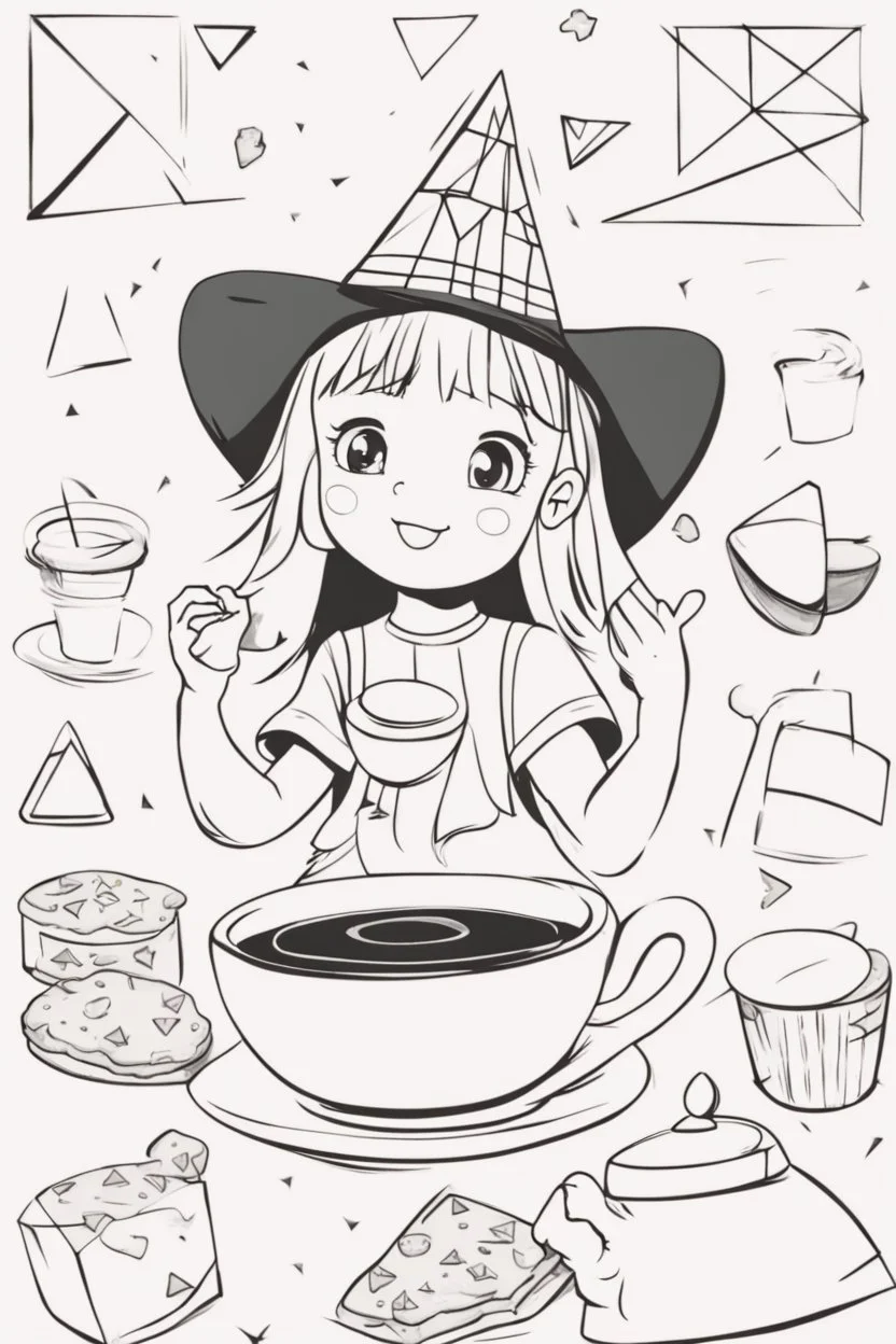 A little girl with a triangular party hat, enjoying a tea party with geometrically shaped cookies and cups. Use triangles for the hat, cookies, and other party decorations. very happy , Colloring page for todlliers ; basic hawali style cartoon , black and white , ink outlines , , smooth , anime style , minimalist , cute eyes , full body , white shose , sketchbook , realistic sketch , free lines , on paper , character sheet , clean line art high detailed