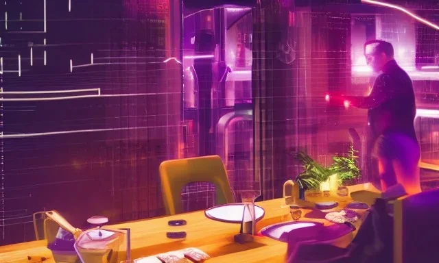 cyberpunk man, restaurant with purple lights, full of people, pointing a gun