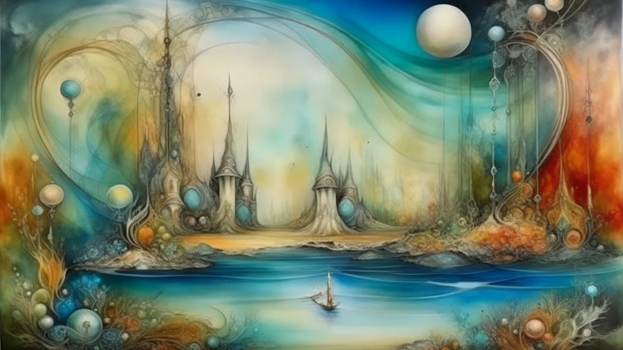 Encaustic painting, relaxation, luxury, dream world, calm beauty, symmetry, fantasy world, magic, beautiful composition, exquisite detail