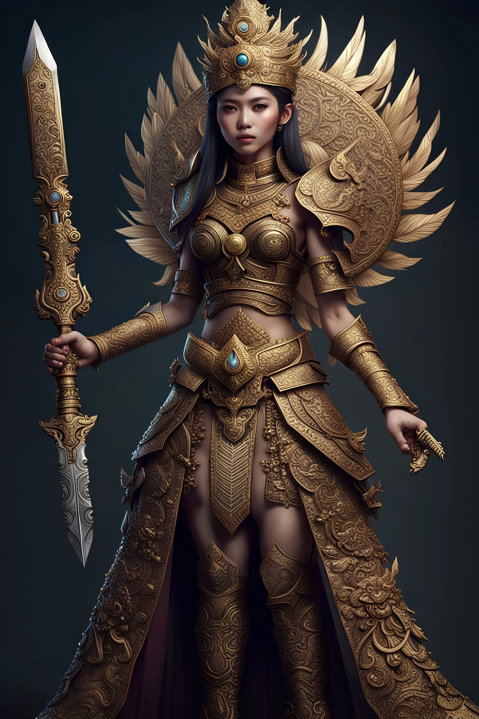 Fhoto full body, reality, Raw, Indonesia culture future, kingdom, queen warrior, weapon, digital art, intricate details, powerful composition, captivating, , trending on artstation, high focus, studio photo, intricate details, highly detailed, by addie_digi