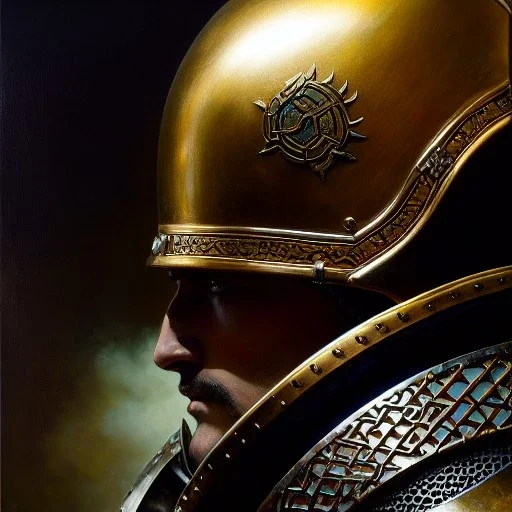 portrait 'Boscogn-Berserk',ancient metal armor and helmet ,painting by gaston bussiere, greg rutkowski, yoji shinkawa, yoshitaka amano, tsutomu nihei, donato giancola, tim hildebrandt, oil on canvas, cinematic composition, extreme detail,fit full head inside picture,16k