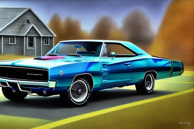 a true-to-life 1968 dodge charger, two-tone paintwork, classic hotrod wheels, detroit steel wheels, pen and color marker, centered, intricate, extreme detailed, photorealism, center view, old house background, pivot on dodge, painting by cheryl kelley