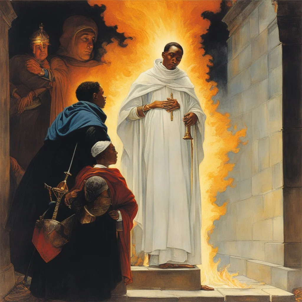 [art by Norman Rockwell] With newfound determination burning in his eyes, Roupinho stepped back, his gaze lingering on the statue of the Black Madonna. Leaving the grotto, Roupinho emerged into the world, his heart aflame with the divine spark that had been ignited within him. And so, the knight set forth on his sacred quest, his destiny intertwined with the miraculous presence of the Black Madonna of Nazaré. The echoes of his pledge reverberated through the hallowed halls of his soul, ignitin