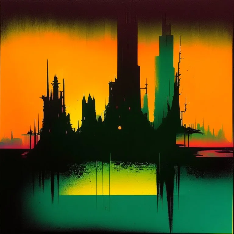 Neon nyctophobia landscape, by VS Gaitonde, mind-bending illustration; asymmetric, warm colors, dark background