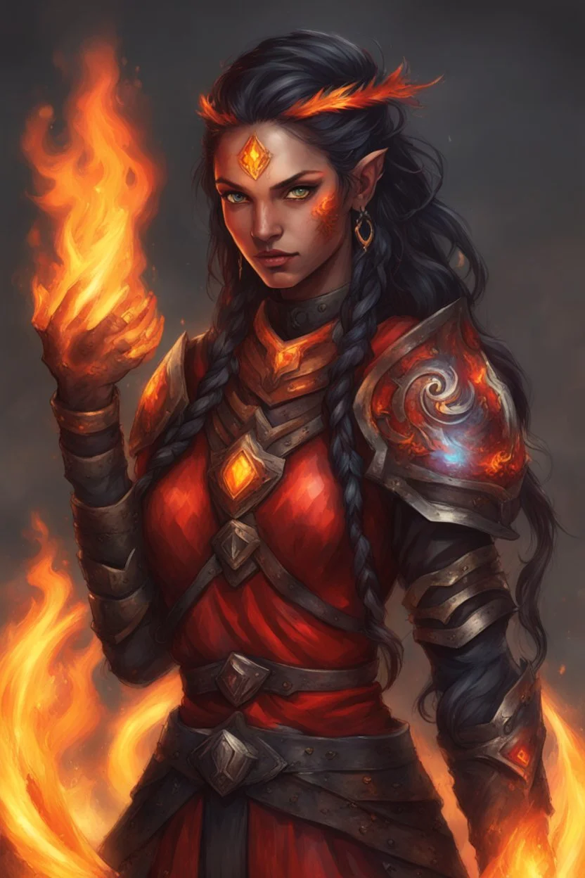 Capture the fierce essence of a female Paladin Druid, her eyes shining like bright red fire as she conjures flames with her hands. Bright black, half-braided hair appears infused with the essence of fire, complementing her light magical armor. A prominent scar on her face tells tales of battles faced and conquered, all against the canvas of her tanned skin, embodying strength and elemental mastery.