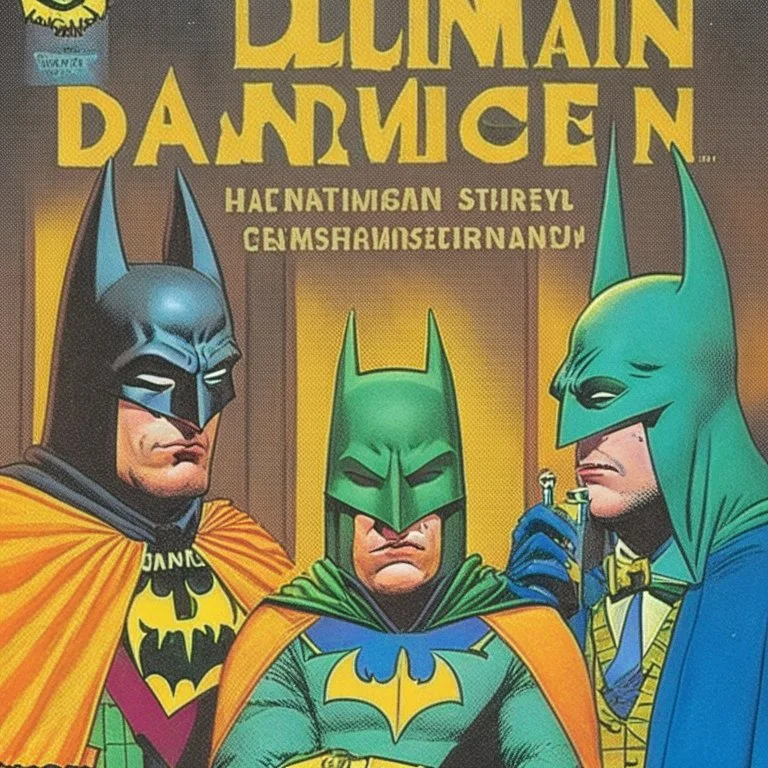 A 1980 comic cover of a dark universe masonic sad drunk batman cosplay convention, green batman, orange batman, cyan batman, white batman.