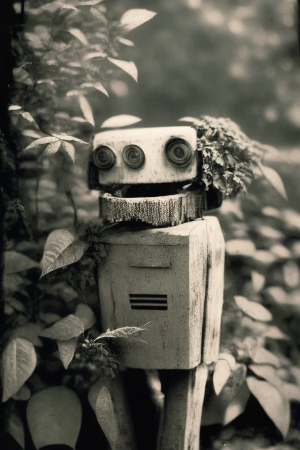rollerflex photograph 1950s, dusty, robot made from toilet paper and infected with ivy, 4k, f1.2 50mm, dark vignette