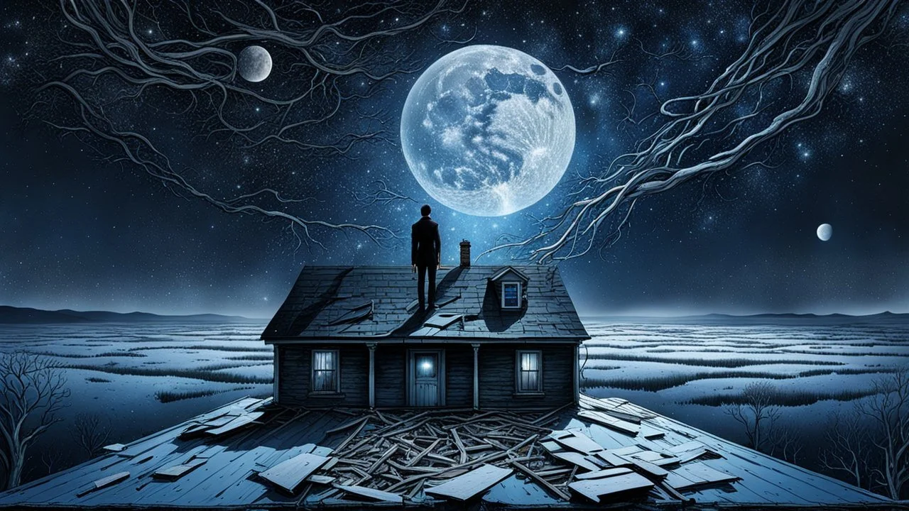a solitary figure standing on the roof of an abandoned house at midnight, staring into an endless frozen cosmos where shattered moons and impossible constellations drift in silence. The stars feel painfully close yet forever unreachable, while the universe bends like a dream around them. Deep sorrow, quiet longing, surreal realism, cinematic moonlight, cold blue and silver palette, poetic emptiness, ultra-detailed, haunting atmosphere.