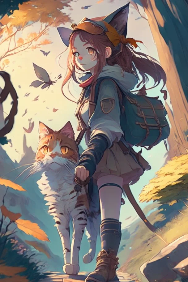 a girl and Cat on an Adventure, 4k, full detail, high resolution, digital art, anime, perfect drawing