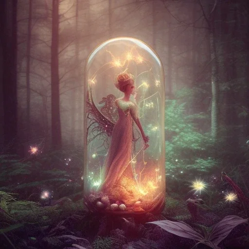 Pixies and Fairies in a belljar ,glowing ,free, small and big, many fairy lights inside a forest, ghostly lights, polaroid, symmetry, bioluminescence, luminescent glow, moody, tender, photorealistic, octane render, golden hour