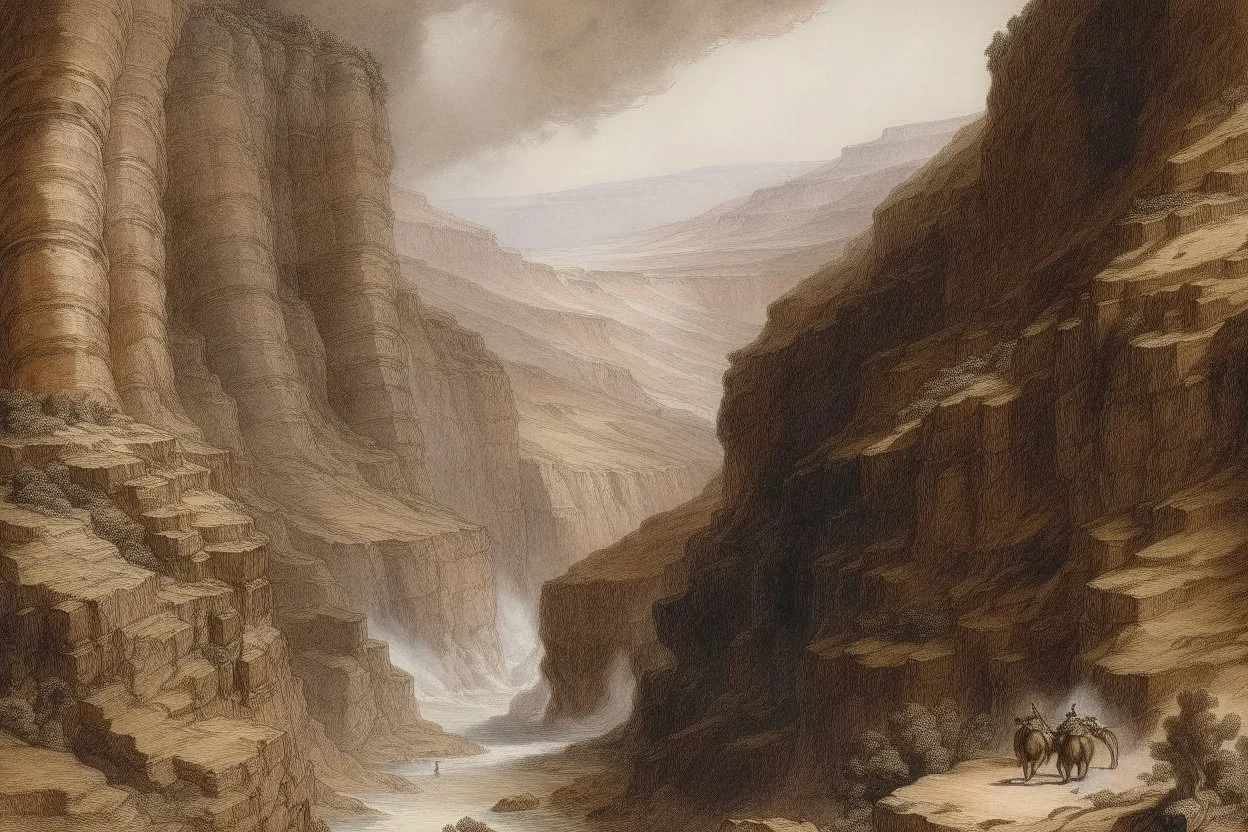 A brown canyon with cannons painted by Albrecht Durer