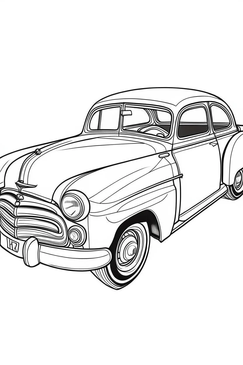 Outline art for coloring page OF A 1945 CHEVROLET SEDAN, coloring page, white background, Sketch style, only use outline, clean line art, white background, no shadows, no shading, no color, clear