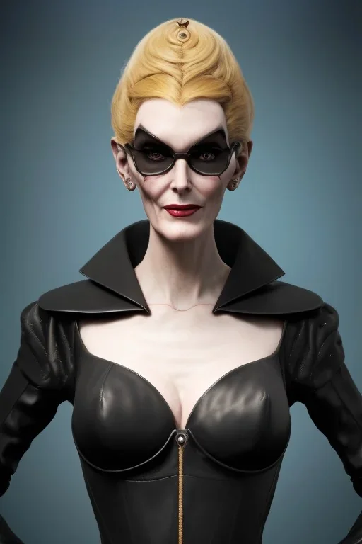 Carmen Dell`orifice as evil queen in black leather, leather, busty, cleavage, angry, stern look. character design by cory loftis, fenghua zhong, ryohei hase, ismail inceoglu and ruan jia. unreal engine 5, artistic lighting, highly detailed, photorealistic, fantasy