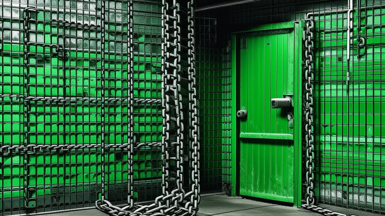 Puerta industrial con cadena tensa, resuelta en acrílico de alto contraste; la planta mínima entre las baldosas es un signo de resistencia, un verde que insiste en existir