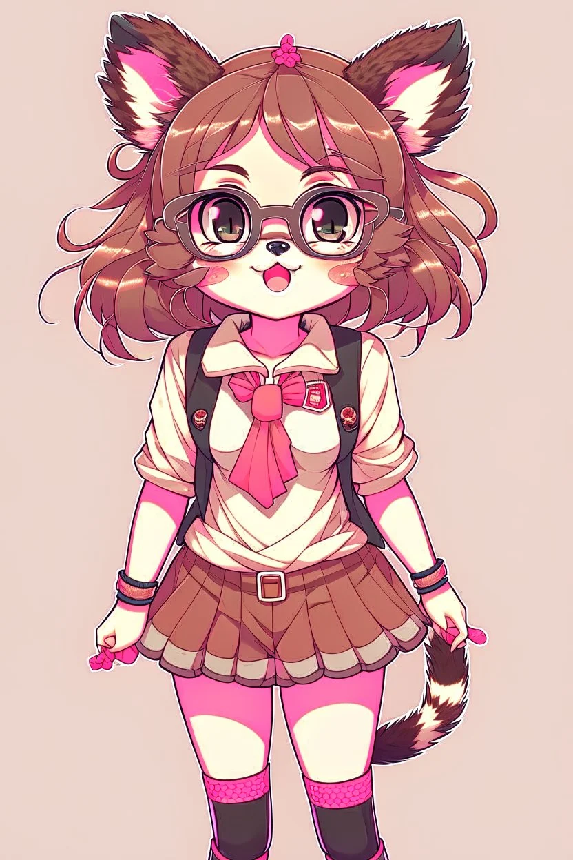 anime racoon girl with glasses curly hair fullbody