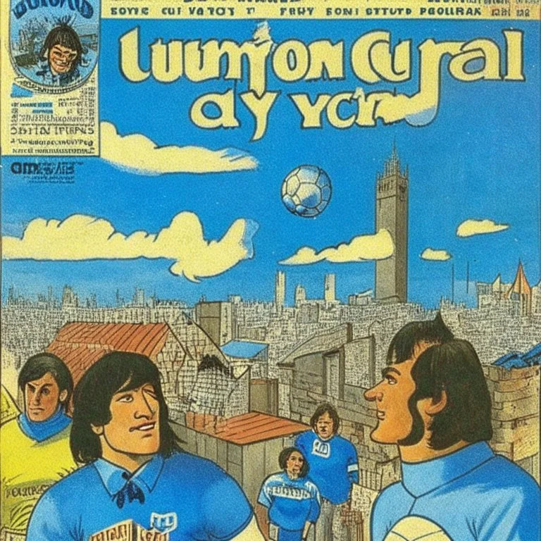 A 1980 medieval london comic cover of uruguayan sky-blue football magazine. At the street city, Monty Pyton.