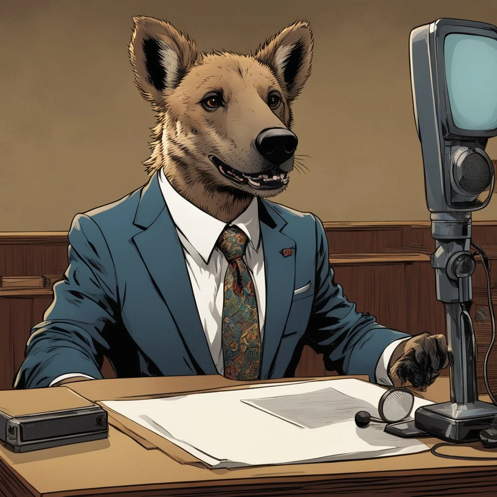 Hyena in a suit and tie, as an announcer sitting at the transmission table with a microphone presenting a newscast. Sandro Botticelli cómic style. Ultra quality