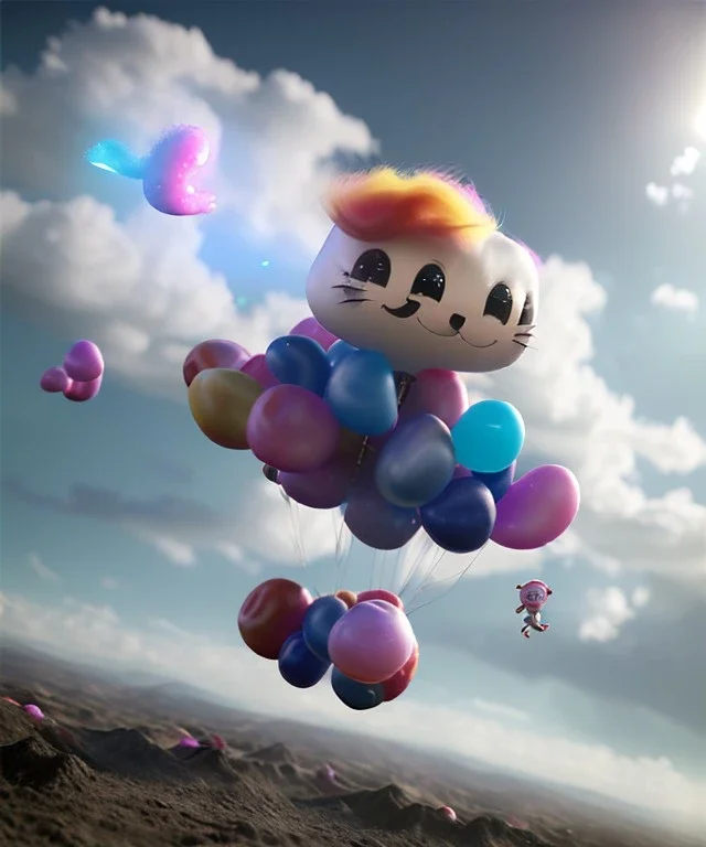 Ultra realistic speed clouds sky scene, wide angle view, sweet childs falling down, inflatable color clothing, free jumping flying, many trinkets, hair monster, many jelly beans, balls, color smoke, smile, happy, circus style, extreme, wind, clouds sea, 20,000 feet altitude, stratosphere, soft color, highly detailed, unreal engine 5, ray tracing, RTX, lumen lighting, ultra detail, volumetric lighting, 3d, finely drawn, high definition, high resolution.