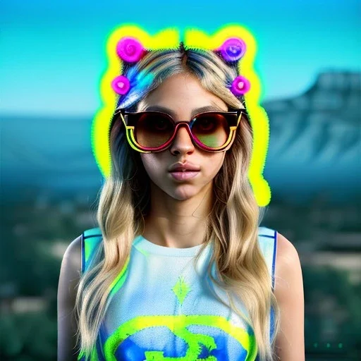 Shakira, artist, 30 years old, Realistic image, waist up portrait, etro style dress. Gucci sunglasses. Blonde, loose long hair, eyes make up, perfect, glow, circle iris. Neon colors, leds, geometric shapes. Dark background. Cyberpunk. concept art, smooth, unreal engine 5, god lights, ray tracing, RTX, lumen lighting, ultra detail, volumetric lighting, 3d, finely drawn, high definition, 4k.