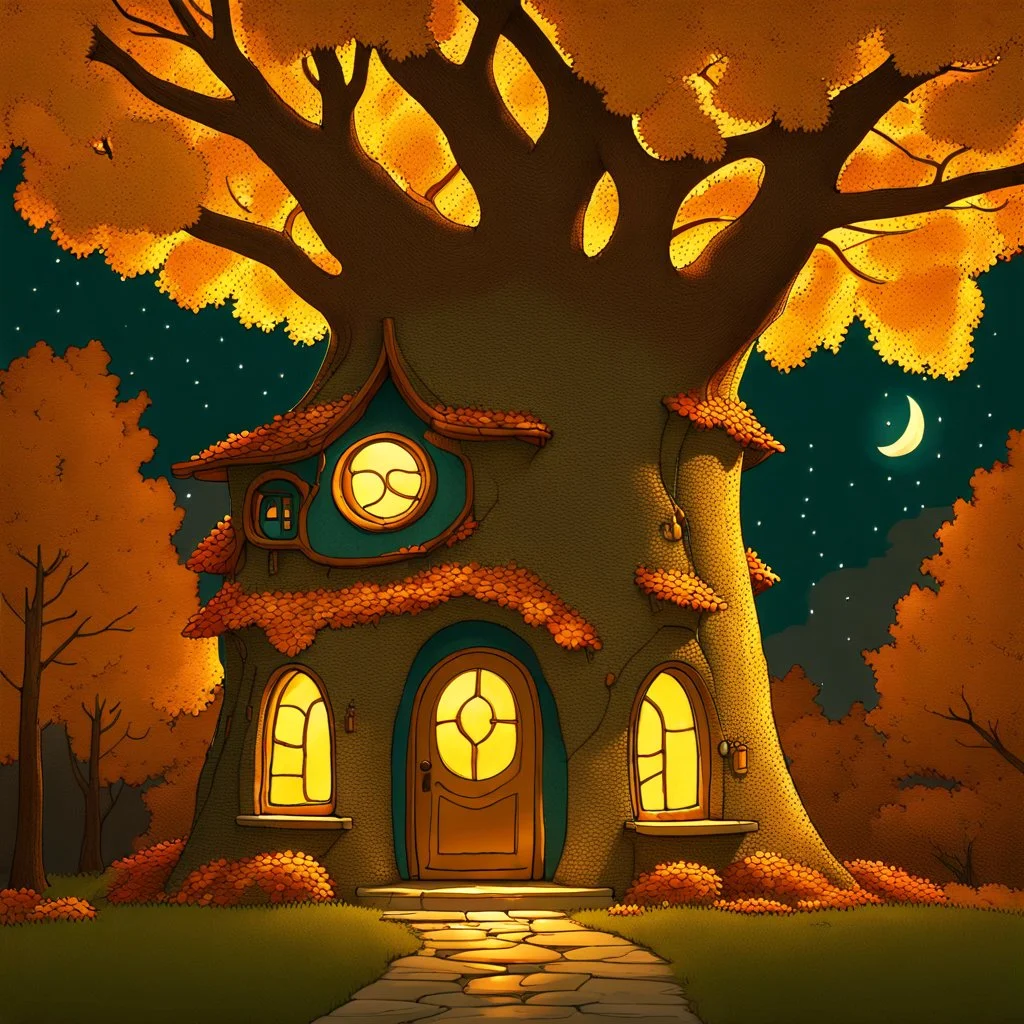 a whimsical, tree-house style dwelling nestled within the twisting branches of a large, autumn-hued tree. The curved stone structure has warm, glowing windows and a blue door, giving it an inviting, cozy appearance against the deep teal night sky. The golden leaves filter the moonlight, creating an enchanting, storybook atmosphere.