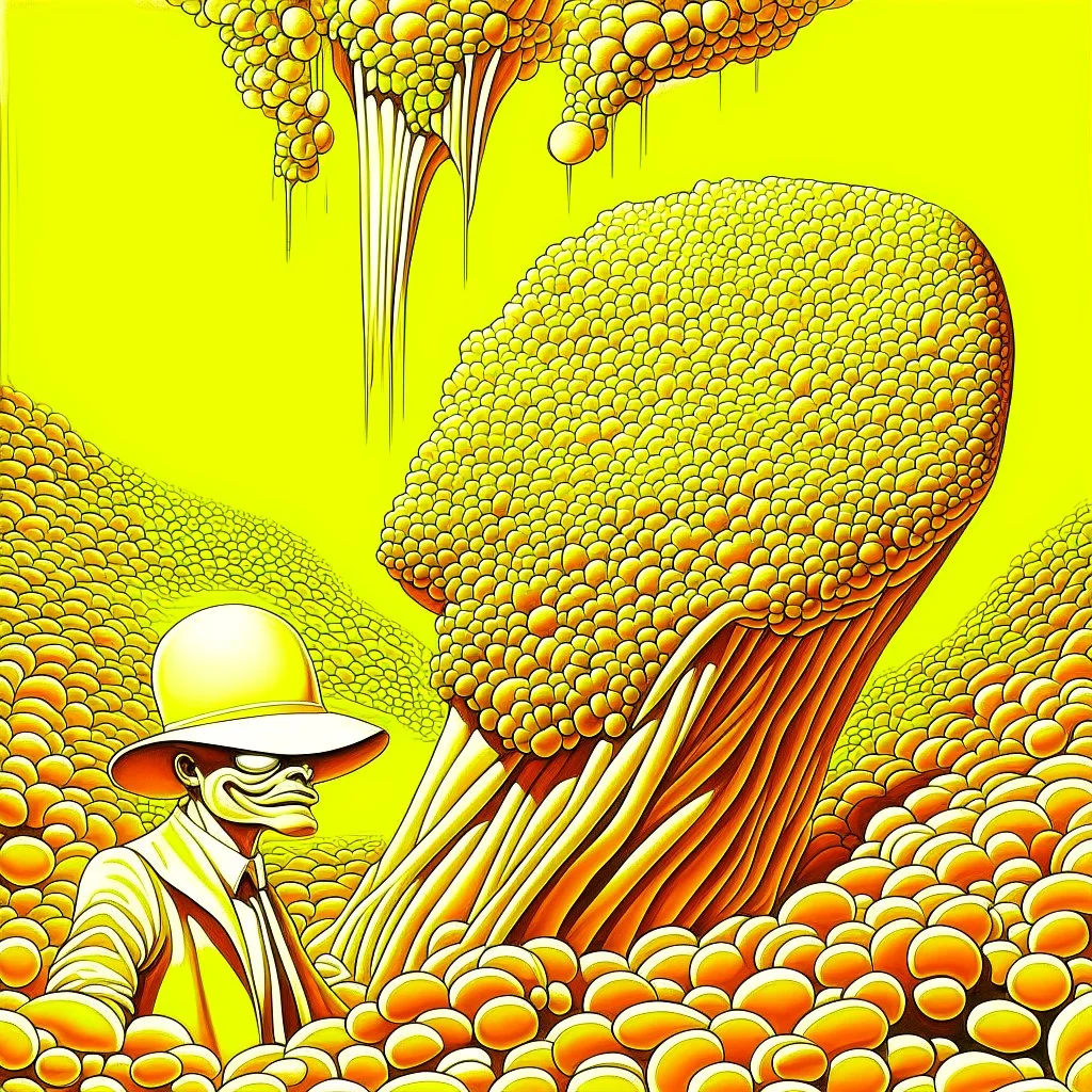 yellow - caramel- white color scheme, hallucinatory color pen complex illustration, intricate detail, surreal Popcorn man, dramatic volumetric lighting, splash art, concept art, by Vladimir Kush assisted by Gerald Scarfe.