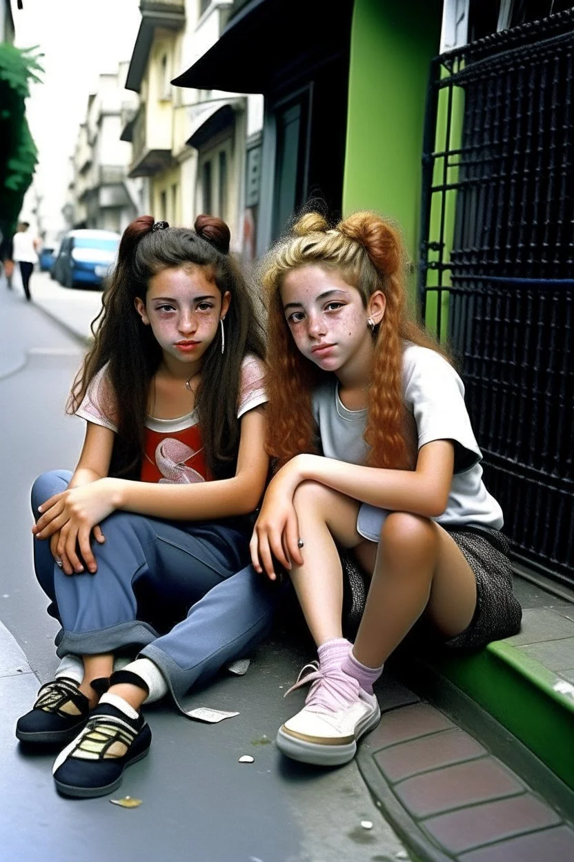 iki kız beraber sokakta oturuyorlar yaşları daha büyük liseliler daha renkli kızlardan birinin saçı kabarık diğerininki ise biraz uzun geniş açı ikisininde vücudu tam görünsün 2d çizgi roman gölgelendirmesi