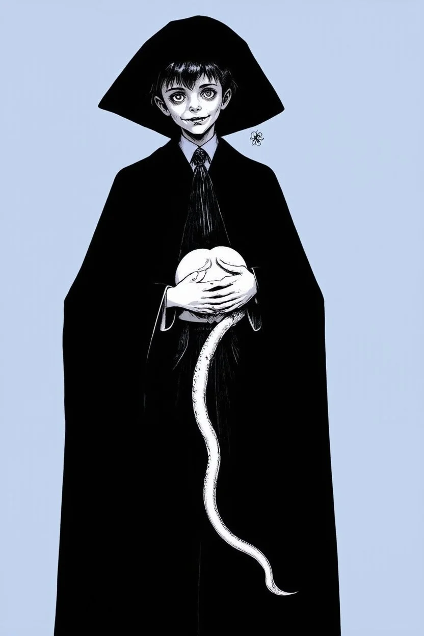 7 year old boy, necromancer, friendly, looks dead,with a long lamprey emerging from his belly , wearing black robes, in the style of Harry Clarke