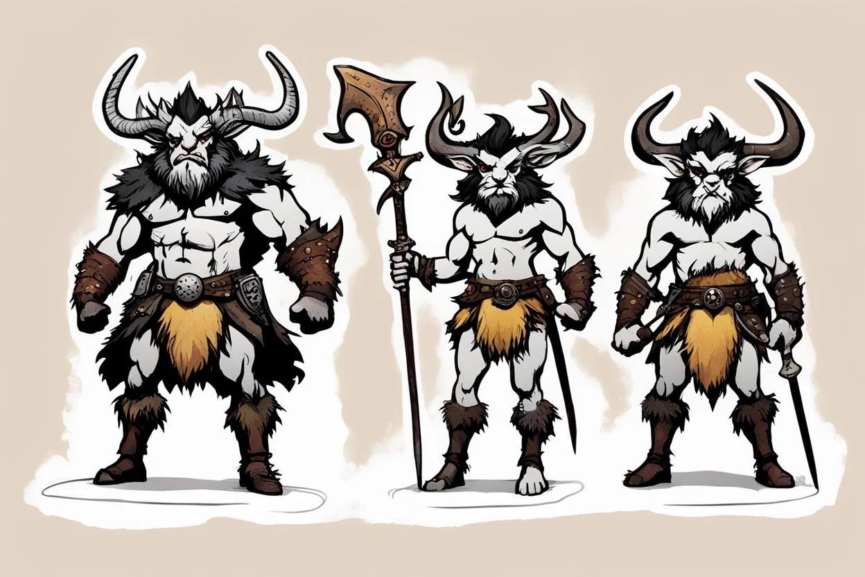 (PDF paper illustration by Ralph Steadman for Mini flat paper Figures to print and cut) three faun-satyr characters: “warrior,” “spell-caster” and “rogue” fantasy adventure archetypes. This is a downloadable set of paper minis that you print out, cut out and glue together yourself.