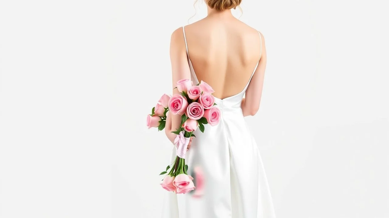 A bride in a white silk wedding dress, back view, facing forward, holding a bouquet of pink roses in her left hand against a white background.