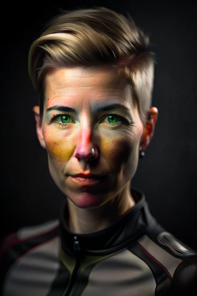 She has a lean, athletic build, a testament to her years of cycling. Her short-cropped hair, worn for aerodynamics during races, gives her a distinctive and androgynous look. upper body portrait, photo-realistic, shot on Hasselblad h6d-400c, zeiss prime lens, bokeh like f/0.8, tilt-shift lens 8k, high detail, smooth render, down-light, unreal engine 5, cinema 4d, HDR