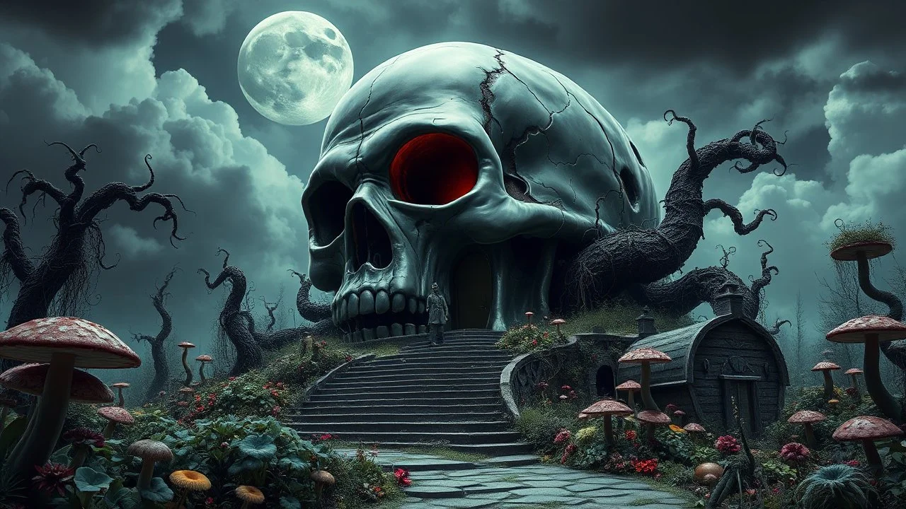 A surreal landscape featuring a massive skull-shaped glossy structure resembling a decayed house, surrounded by twisted vines and glowing head skull. Steps lead up to the entrance, with small humanoid figures scattered throughout a dense, eerie garden filled with unusual plants and fungi. Overhead, a large, ethereal moon illuminates the scene, while stormy clouds loom in the sky, adding to the ominous atmosphere.