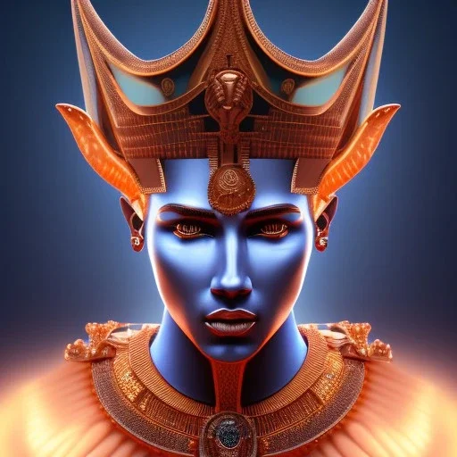 3D close-up of a king Ramses, high contrast, glowing backlighting, blue and red backlighting, vibrant hair, dark brown eyes, sharp focus, high makeup, face painting, background blur.