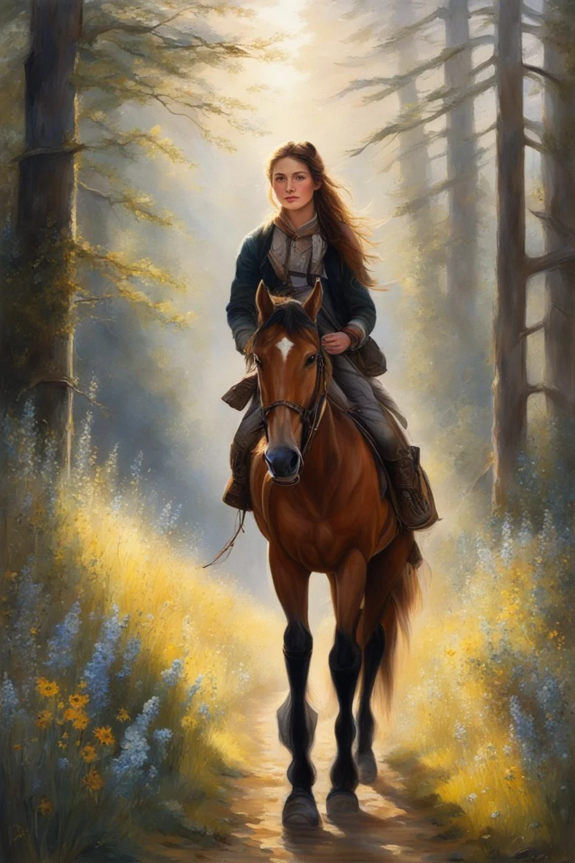 Beautiful artwork!(1842-1903) With her weathered boots and a heart filled with wanderlust, Isabella "Wildflower" roamed the untamed fr. This is amazing! I love how the light glints off everything, giving stark contrast to the shadows. There must be some deer or elk up ahead since the horse has his ears perked forward and with an intent gaze of interest. The young lady looks like she is enjoying herself alone with her friend while plodding downstream through the lazy creek. Thank you for sharing.