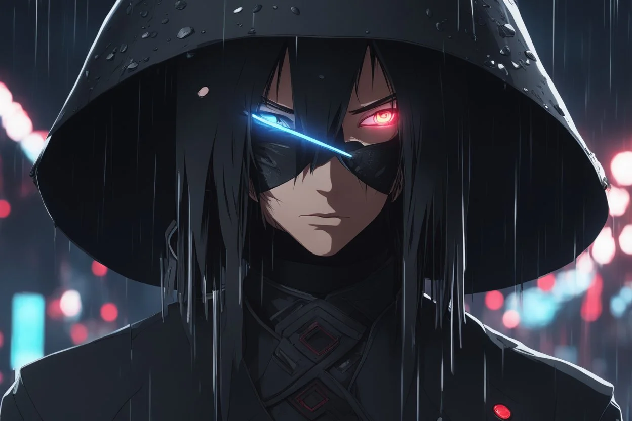 Itachi Uchiha in 8k nier automata artstyle, Uchiha Custom, neon effect, close picture, rain, fantasy world, intricate details, highly detailed, high details, detailed portrait, masterpiece,ultra detailed, ultra quality