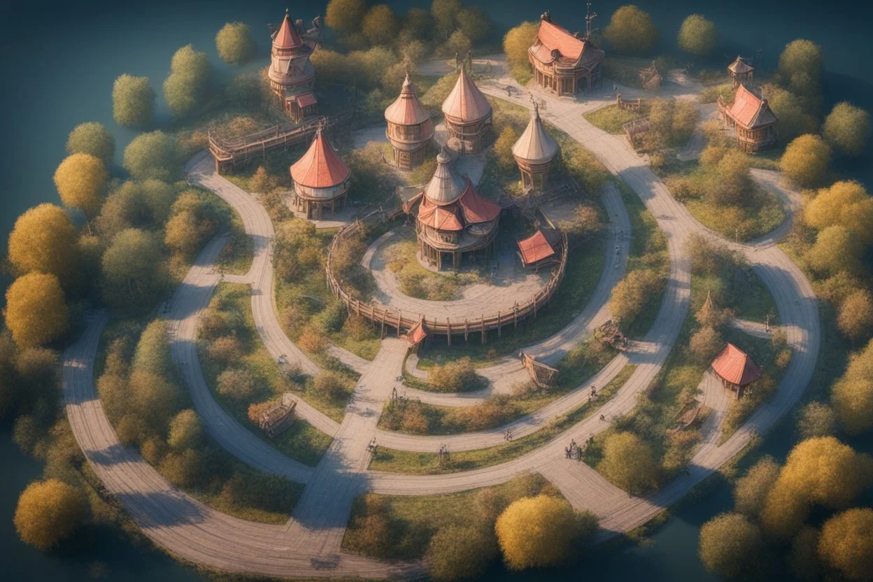 Theme park in the style of Slavic old fairy tales, roads, bird's-eye view