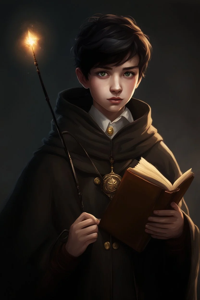 young, intelligent, short-haired, black-haired, serious, curious, uniform, cloak, pendant, right-hand, magic-book, left-hand, magic-wand, bright-eyes, serious-expression, ancient-book, simple-wand, academy, freshman, intellectual, honest, magic-academy, unknown, exploration, youth, vitality, hope, courage, determination, learning, growth, adventure, challenge, passion, effort, trust, friendship, guidance, inheritance, tradition, studio, natural-light, softbox, backlight, reflector, diffuser, spo